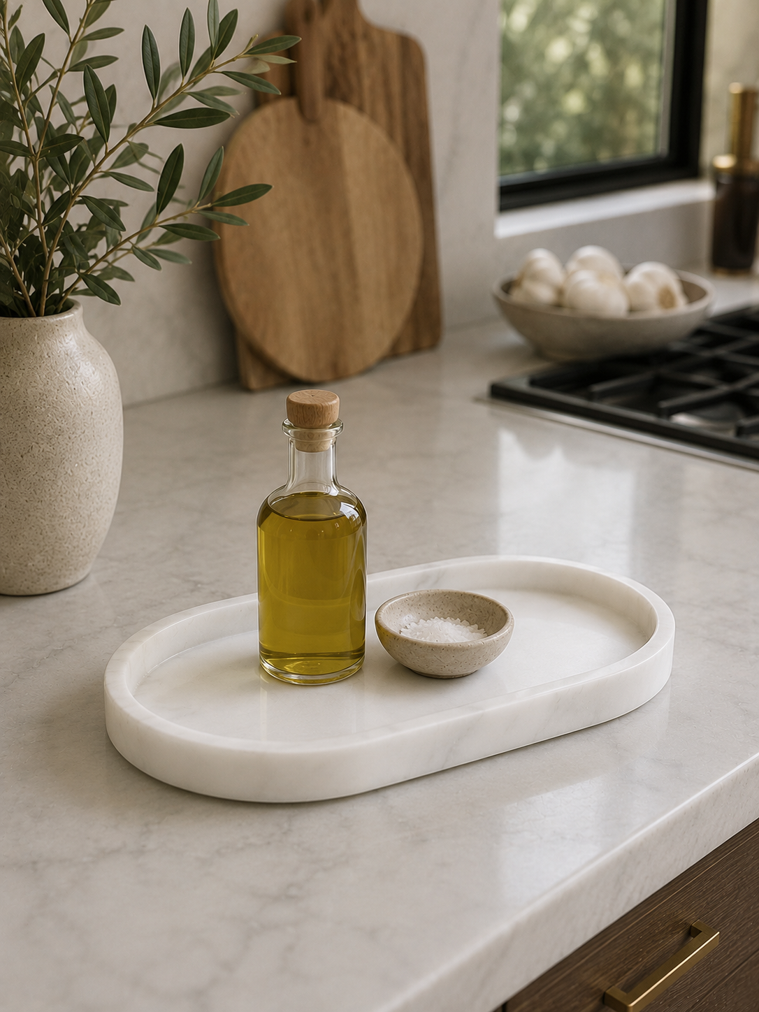 Bottle of olive oil on a marble tray with a kitchen setting in the background
