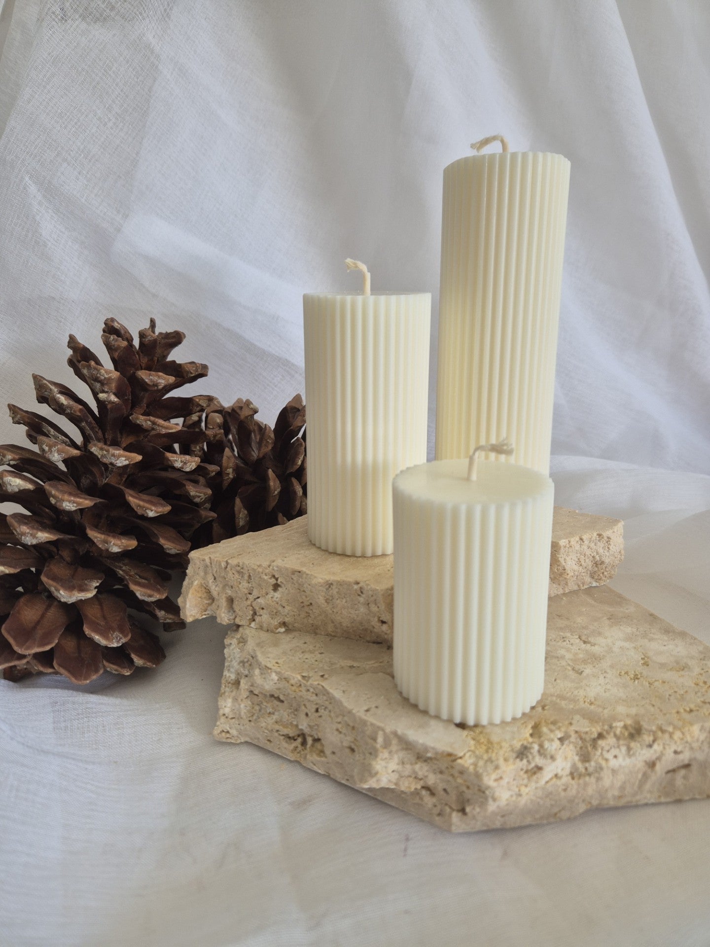ivory ribbed pillar candle set