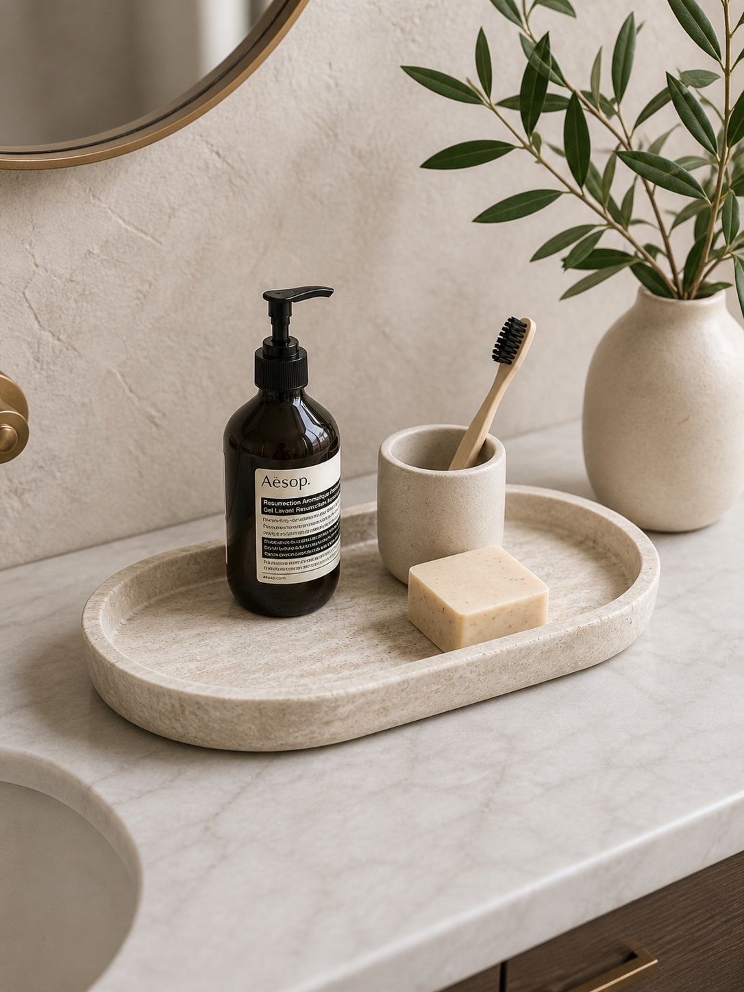 Travertine tray on bathroom vanity with soap and toothbrush holder