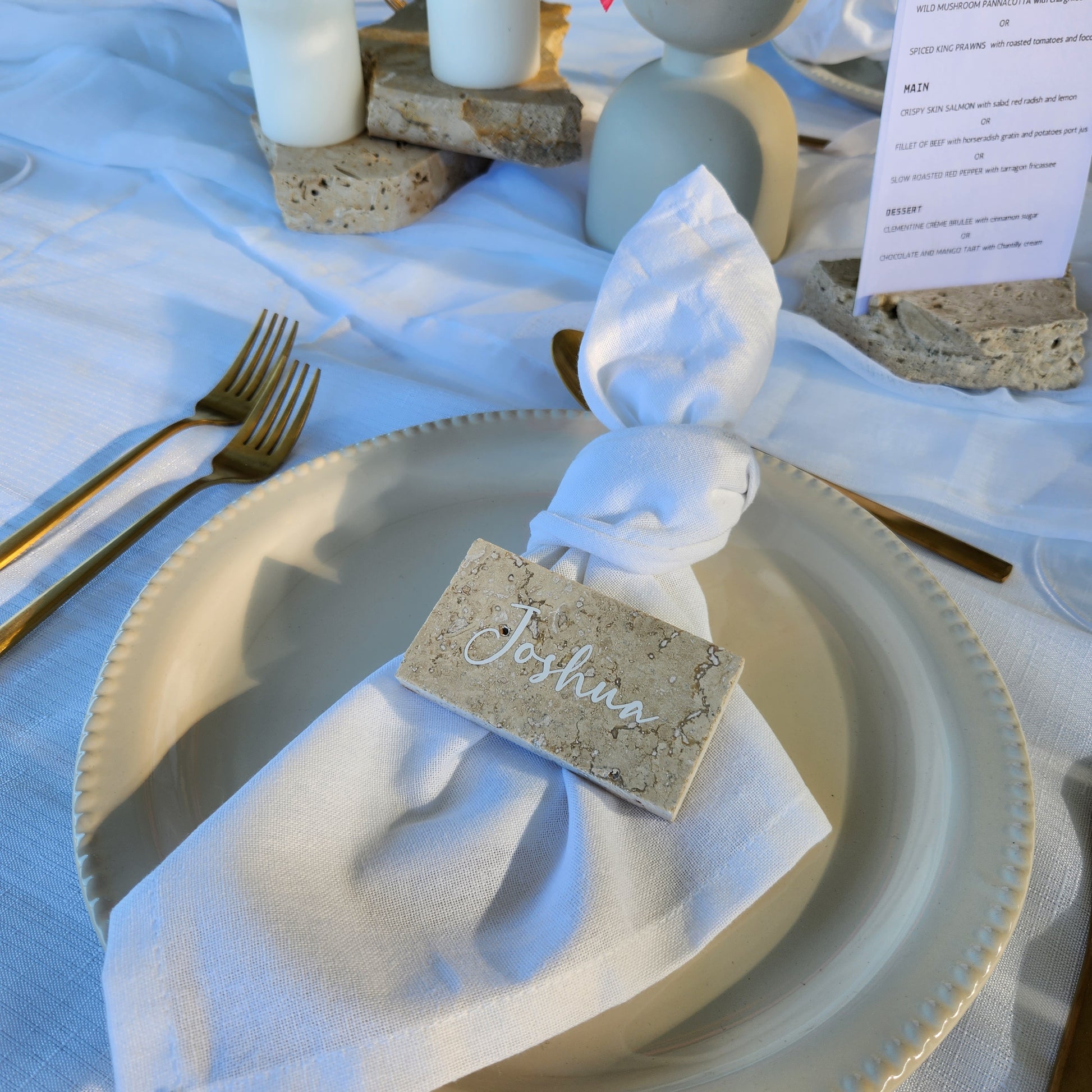 Classic Travertine Honed and Filled Stone Place Card with White font