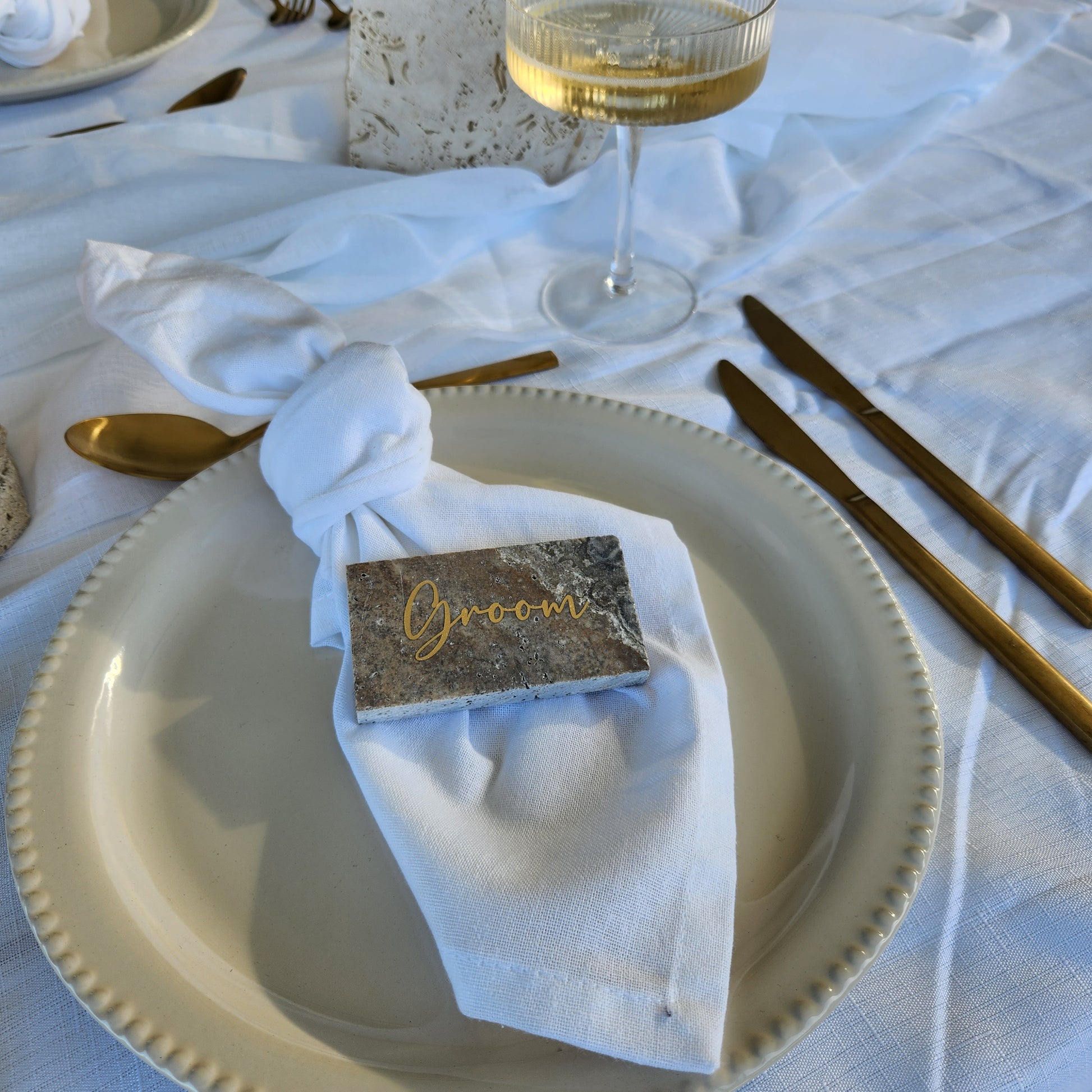 Silver Travertine Stone Place Card with Gold font