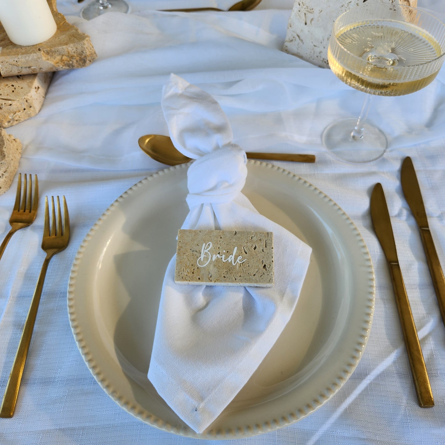 Classic Travertine Stone Place Card with White font