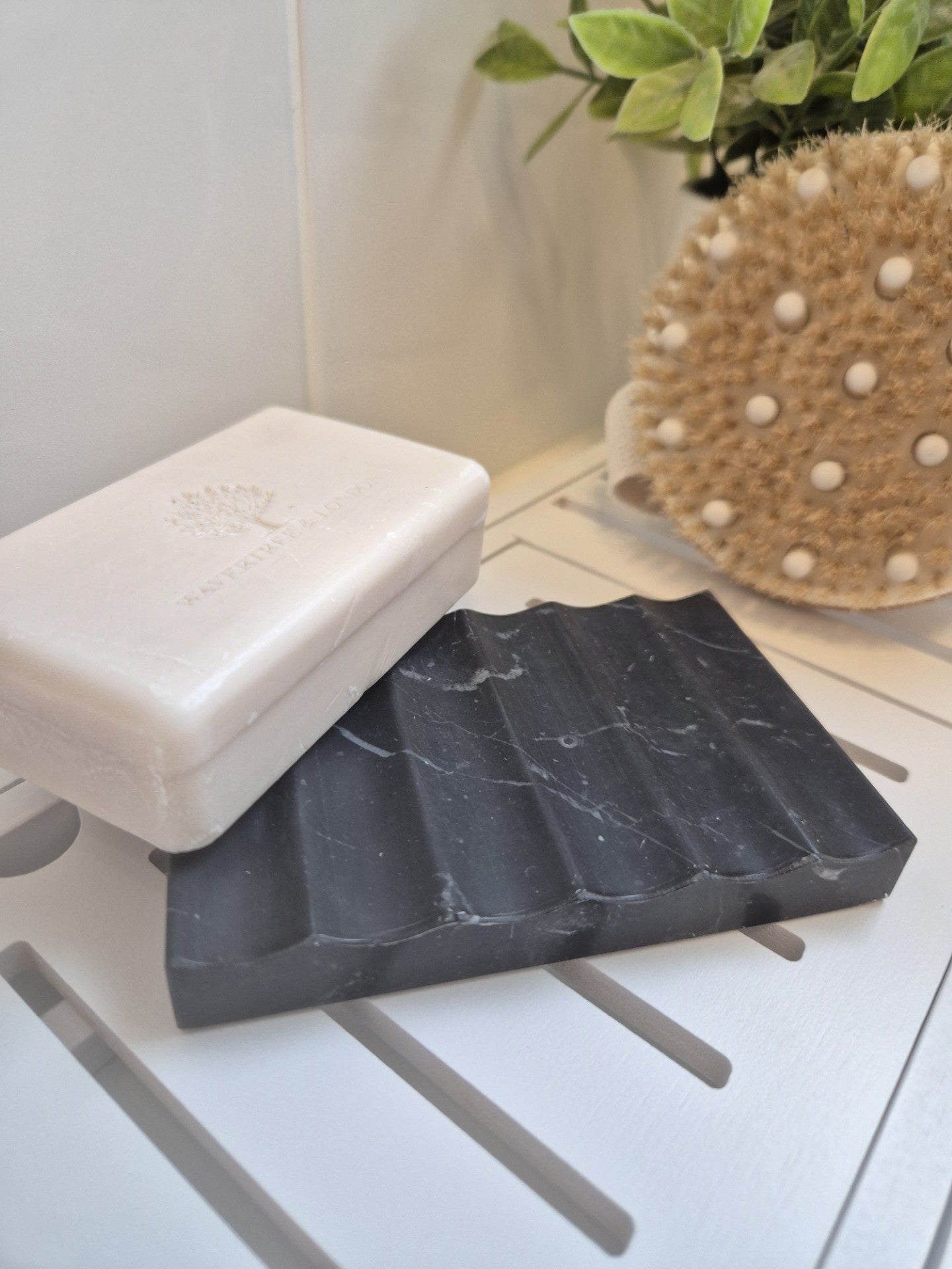 Black soap dish with a bar of soap on a white surface with a plant in the background