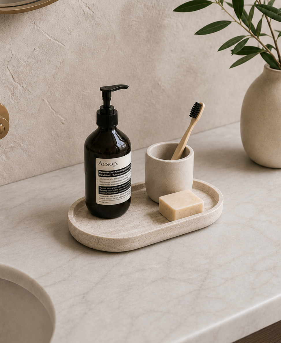 Bathroom counter with Aesop bottle, toothbrush, and soap on a tray