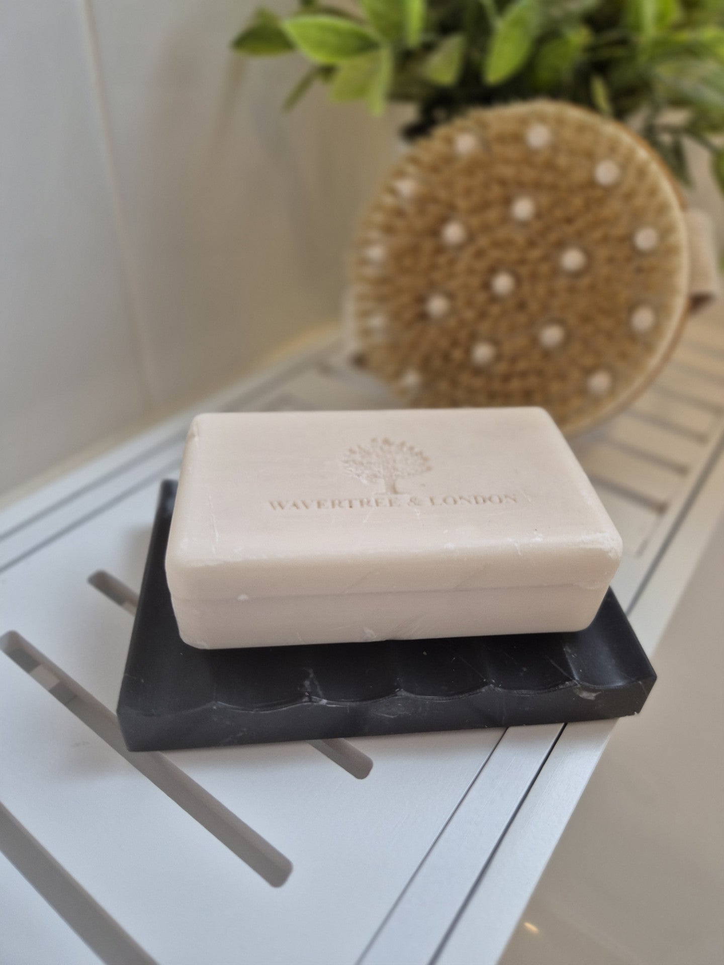 Nero Marquina black marble soap dish with bar soap