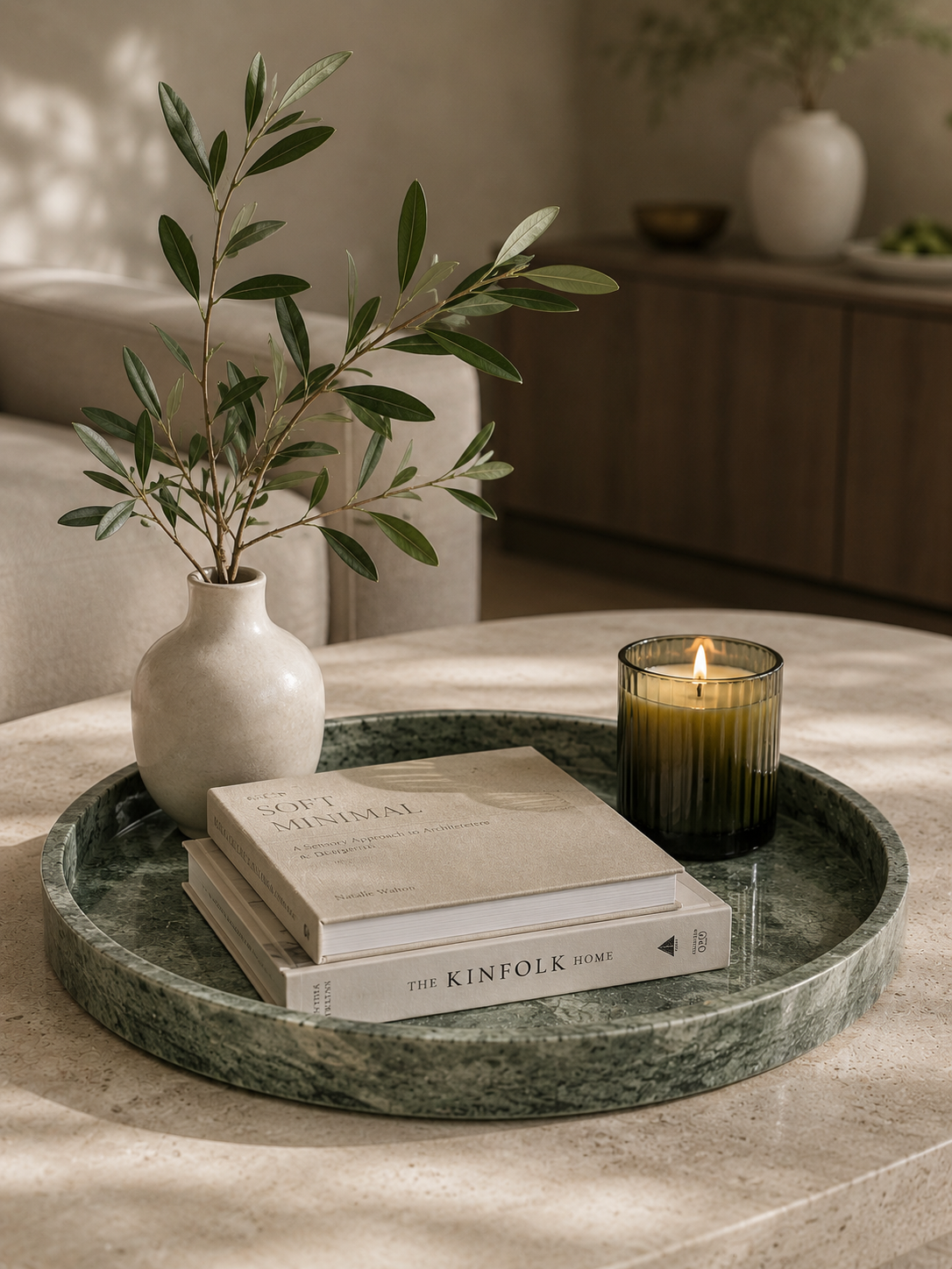 Tray with books, a candle, and a plant on a table in a cozy setting