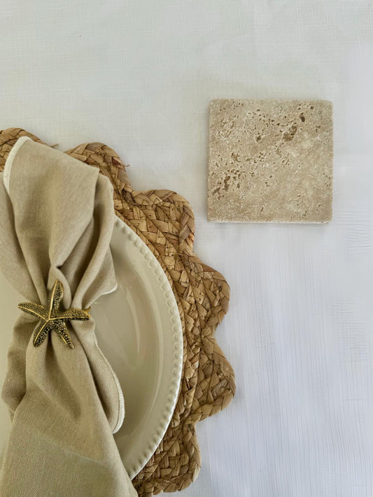 Rustic travertine marble coaster wedding favour, natural beige stone