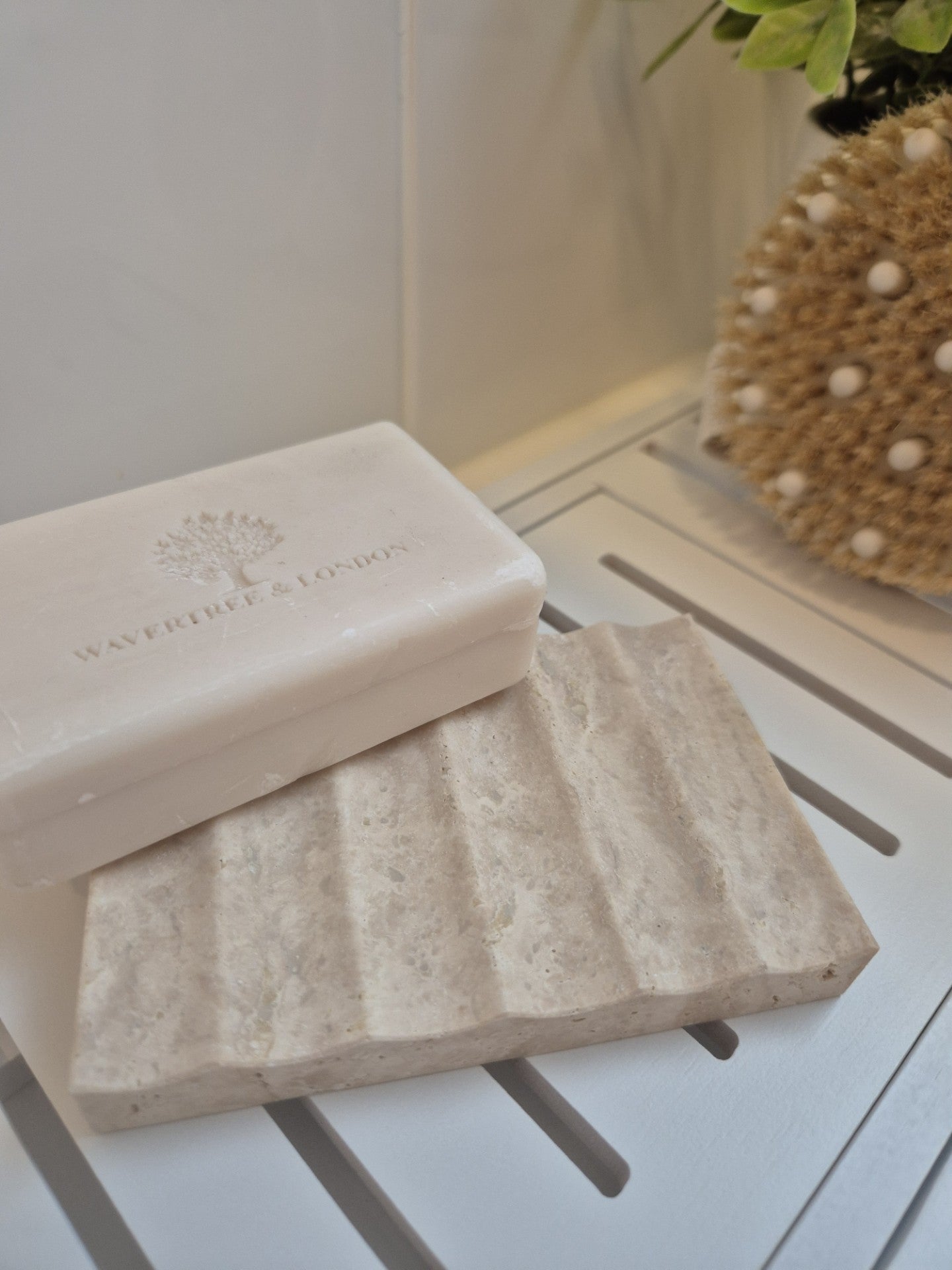 Luxury travertine soap holder with drainage channels